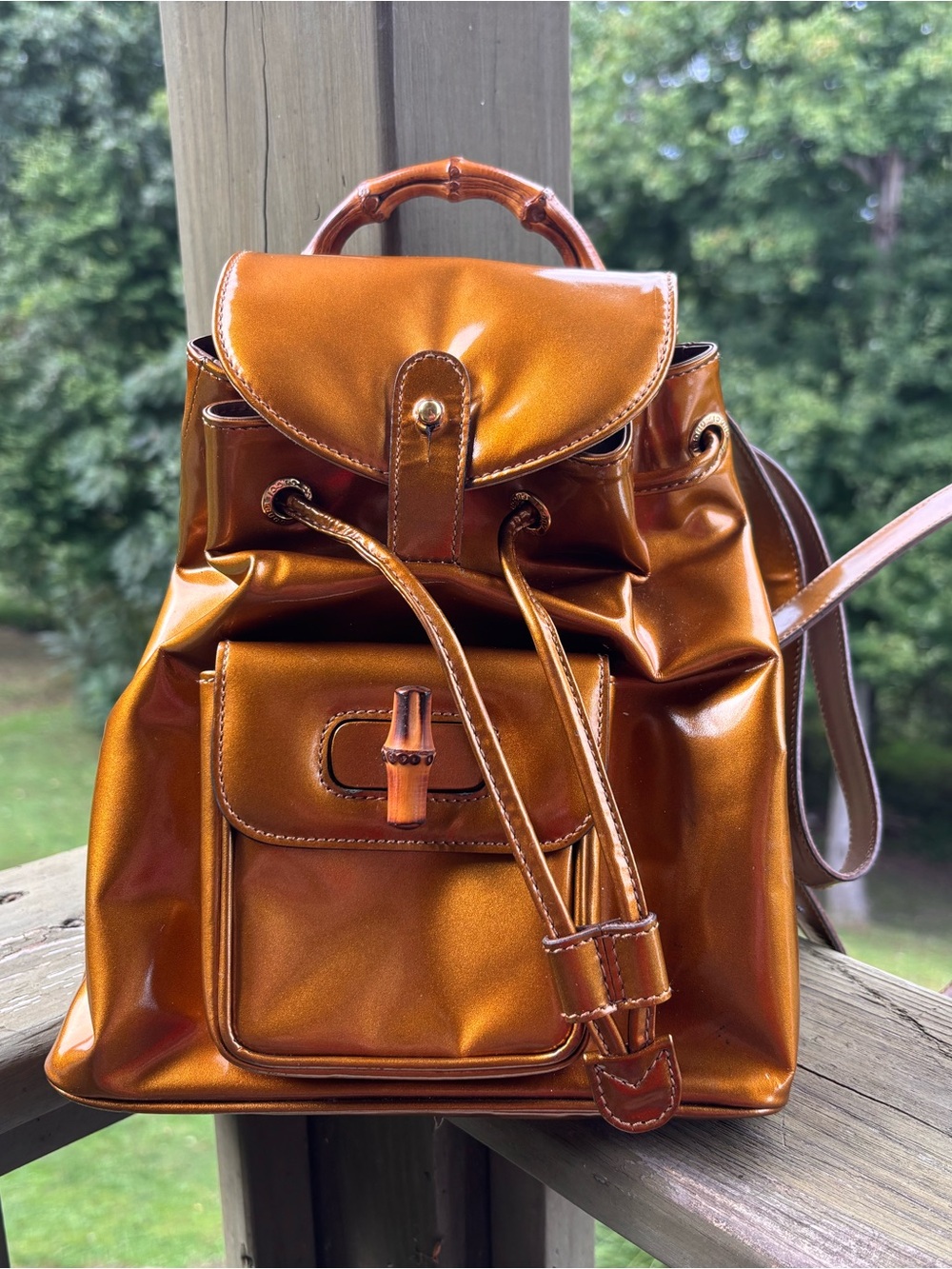 Gucci Patent Leather Metallic Caramel Bamboo Backpack